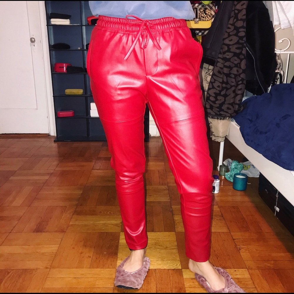 Red faux leather joggers